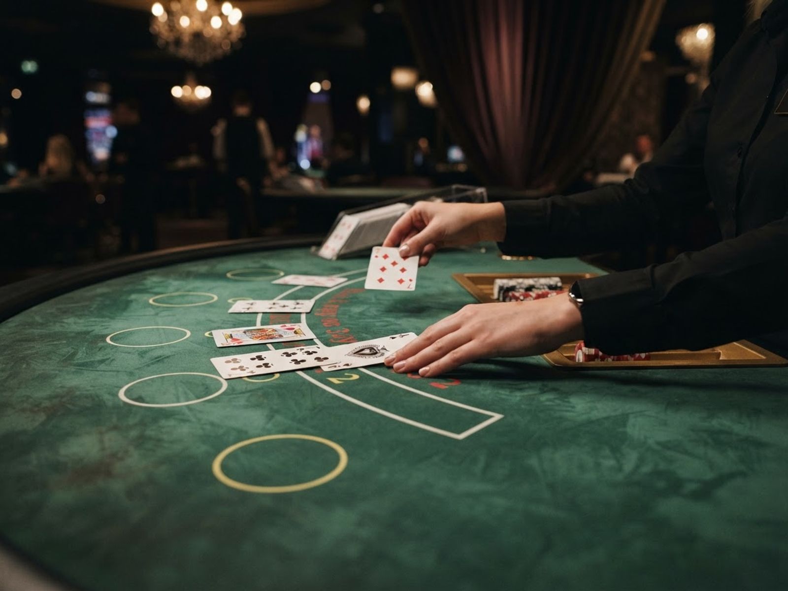 Table de blackjack en direct avec cartes et croupier