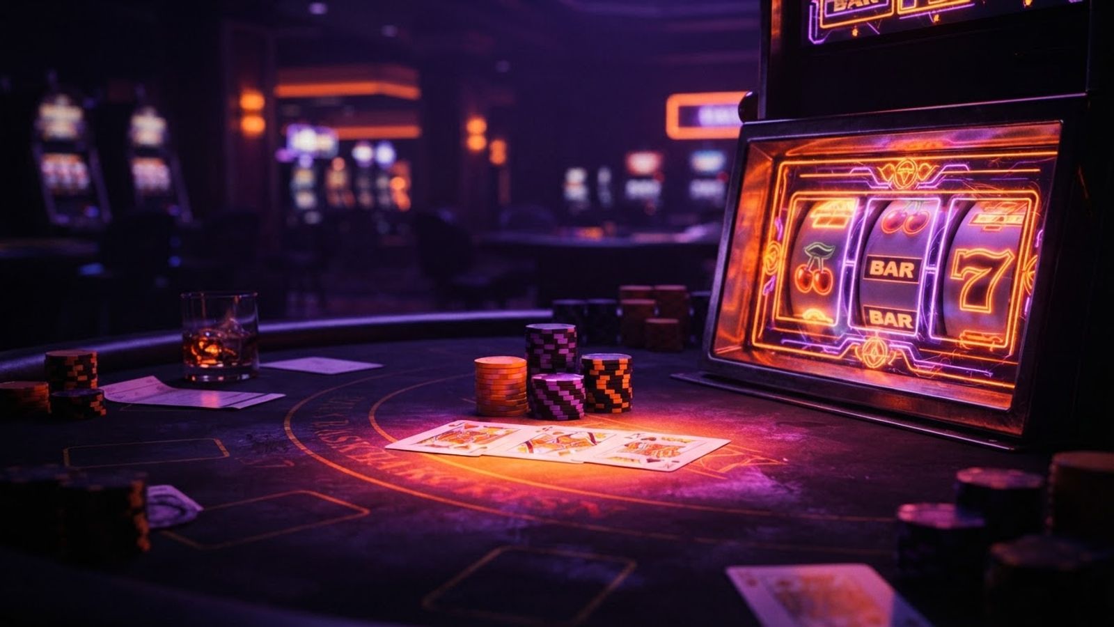 Table de casino avec cartes et jetons éclairés en néon